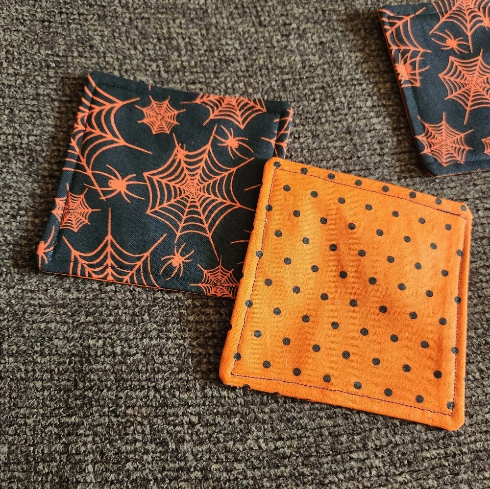 Halloween Coasters Set Of Handmade Spiderwebs Black Orange New